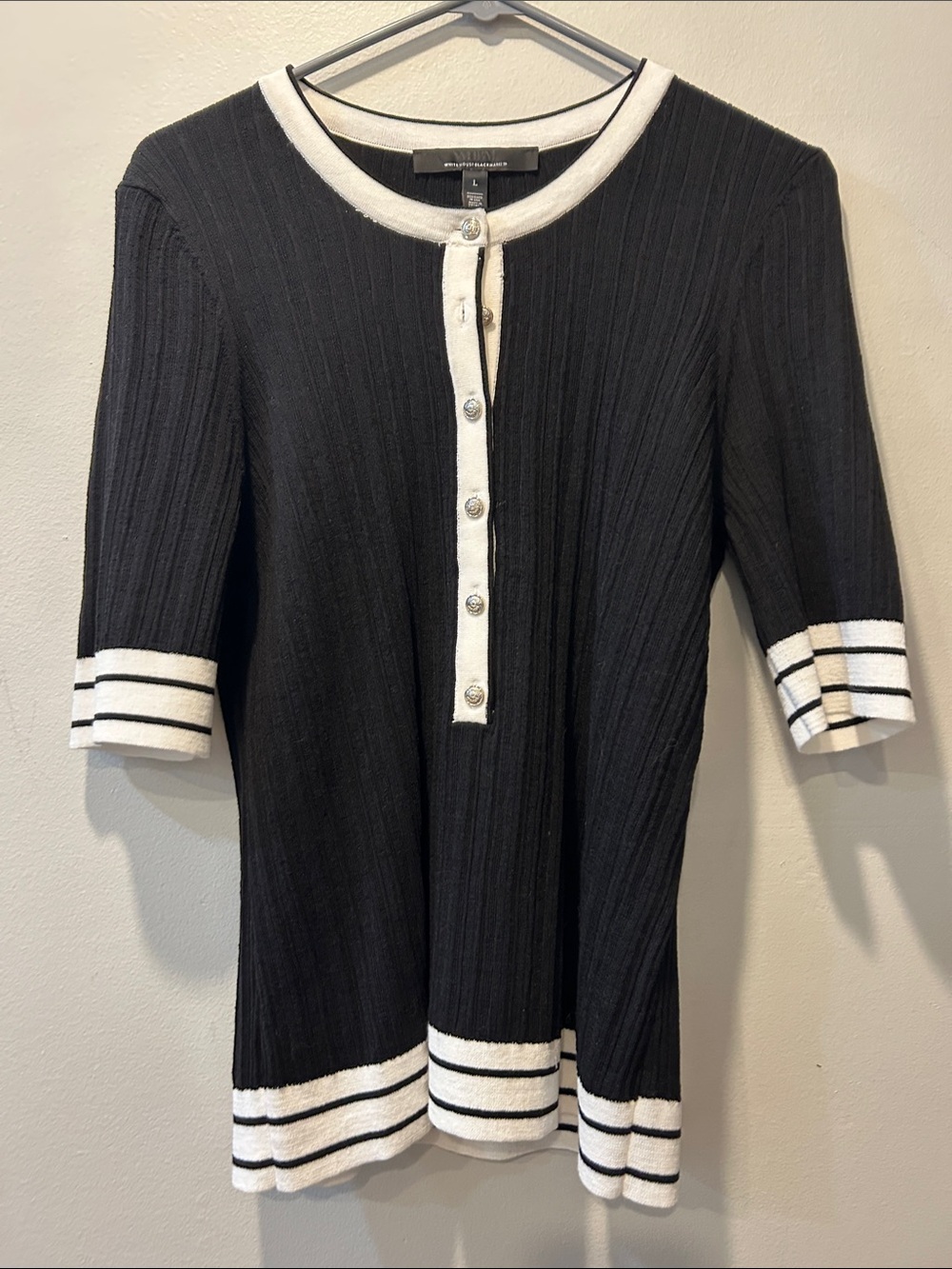 White House Black Market Black Ribbed Short-Sleeve Top with White Trim